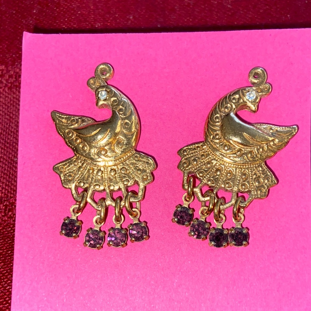 Vintage AVON GoldTone Peacock Dangling Purple Rhinestones Post Earrings